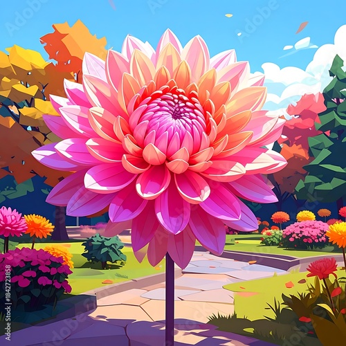 Large pink dahlia flower blooms in a park, a vibrant outdoor scene with a path and colorful trees, blue sky