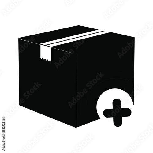 Black box with plus sign and open flap