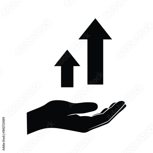 Hand supporting rising arrows symbolizing growth and progress