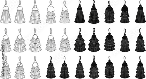 Black and white outline vector illustration of three wooden shelves filled with books, potted plants, fraCollection of decorative tassels vector illustration set in various styles, shapes, and black a
