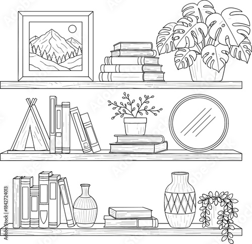 Black and white outline vector illustration of three wooden shelves filled with books, potted plants, framed art, and decorative home items