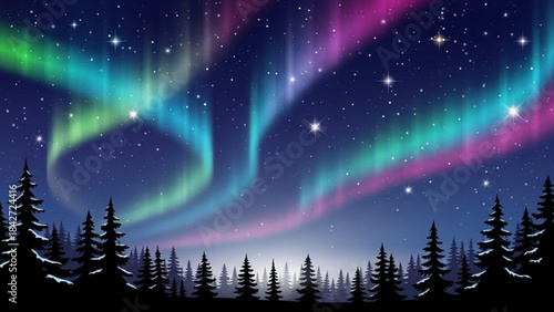 Aurora Borealis Spectacle: Witness the mesmerizing dance of the Northern Lights painting the night sky with vibrant hues, illuminating a silhouette of trees below, and capturing nature's light show.