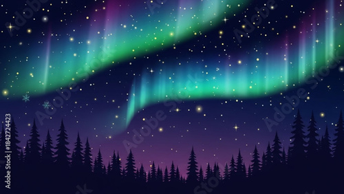 Celestial Symphony: A vibrant display of the Aurora Borealis dances across the night sky, painting the cosmos with ethereal hues above a silhouetted forest. A scene of wonder and natural beauty.