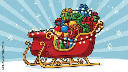 Sleigh Full of Presents: A whimsical illustration depicts a red sleigh overflowing with vibrantly wrapped gifts, illuminated by festive string lights, set against a backdrop of a winter sky.