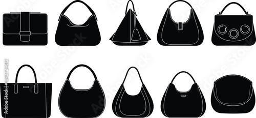 Women’s handbag silhouette vector set featuring stylish purse designs, modern fashion accessories, shoulder bags, tote bags, and designer purse illustration artwork