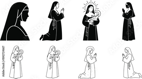 Religious nun and saint illustration set featuring praying figures and mother with child icons for Christian artwork, devotion design, and spiritual symbolism