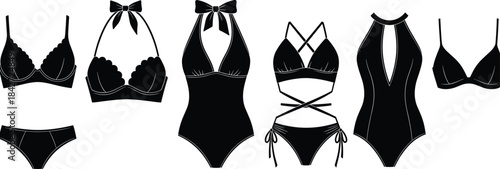 Women’s swimwear vector set featuring bikinis and one-piece bathing suits in modern fashion silhouette design for beachwear illustration and summer branding