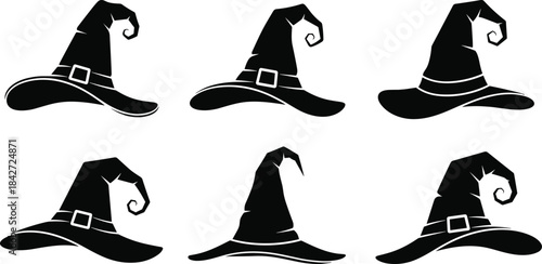 Witch hat silhouette vector set featuring spooky Halloween costume accessories with curled brim designs for magic, wizard, fantasy illustration artwork