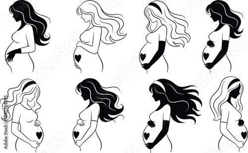 Pregnant woman silhouette vector set featuring elegant maternity poses, expecting mother illustrations with flowing hair, motherhood concept artwork for design