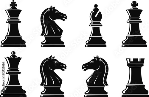 Chess piece silhouette vector set featuring king, queen, knight, bishop, rook icons for strategy game design, branding, logo illustration artwork