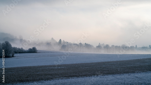 Germany, Icy snowy covered winter wonderland fields nature landscape sunny morning panorama silence at the edge of the forest perfect peace for relaxation walking hiking in fog and sun