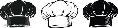 Chef hat silhouette and outline vector icons featuring professional cooking toque designs for culinary branding, restaurant logo, bakery artwork illustration