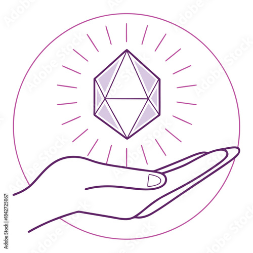 Abstract geometric shape held in open hand with radiating light, conceptual line art style in a circular frame, spiritual energy design