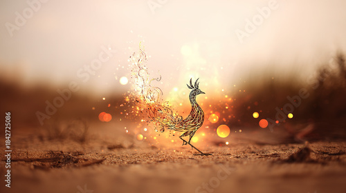 immortality. Phoenix pattern made of colored sand rising from warm ashes. event programs, museum guides, designed for cultural heritage projects and event programs, elevates cultural identity.
