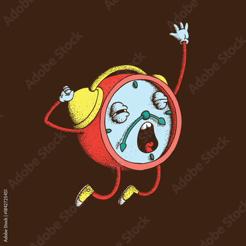 Hand drawn dot work vector Illustration. Cute cartoon character. Red animated waking up alarm clock is yawning on brown background.  It has arms and legs. Concept of sleep, dream, rest, relax, wake up