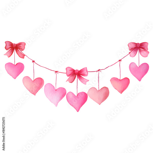 Pink watercolor hearts garland hanging with bows, painting love and romantic decoration concepts for valentine's day celebrations on transparent background