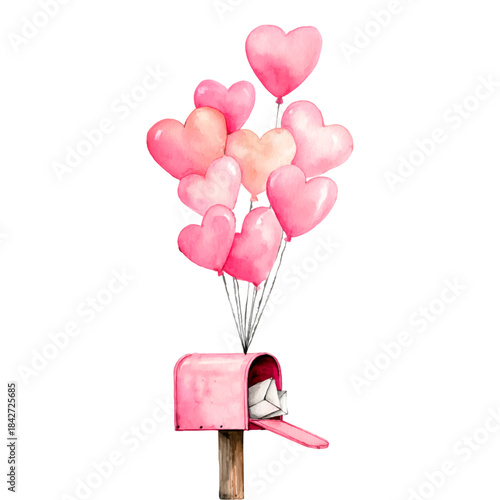Pink watercolor heart balloons flying from a traditional mailbox delivering love letters, symbolizing romance, valentine's day greetings, and special messages