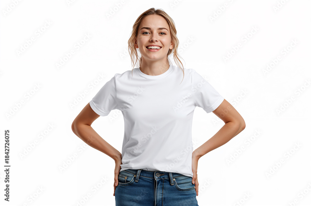 Fototapeta premium Young woman wearing a blank white t-shirt and blue jeans standing against a white background.