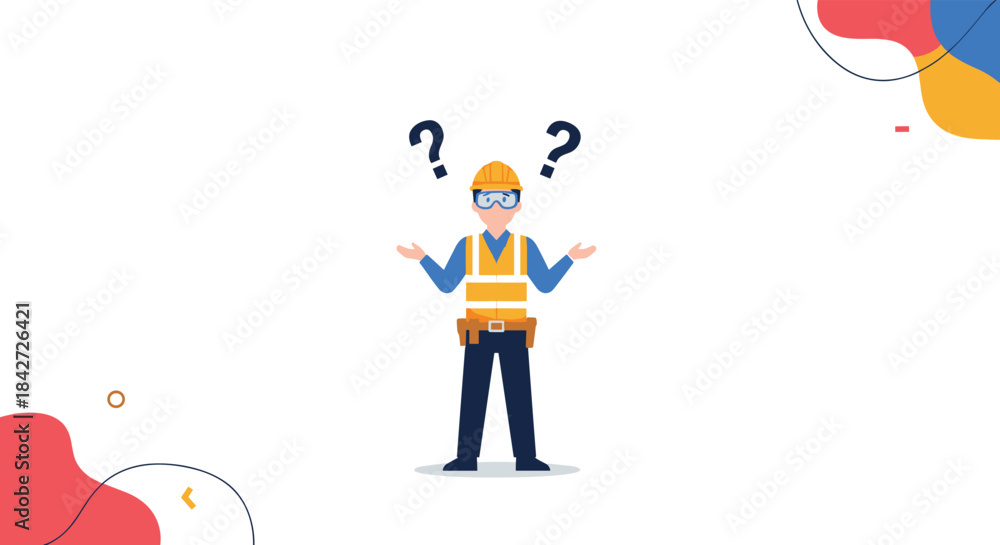 custom made wallpaper toronto digitalConfused construction worker wearing full safety gear shrugs with question marks overhead, indicating a problem or question.