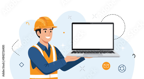 Smiling construction engineer in a hard hat and safety vest presents a laptop computer with a blank screen for your message.