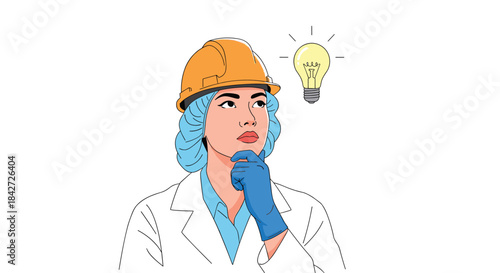 Female engineer in a hard hat and lab coat having a brilliant idea, symbolized by a glowing lightbulb above her thoughtful face.