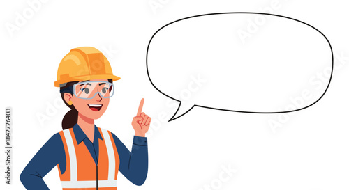 Cheerful female construction worker in safety gear pointing up with an idea, with a large blank speech bubble for your text.