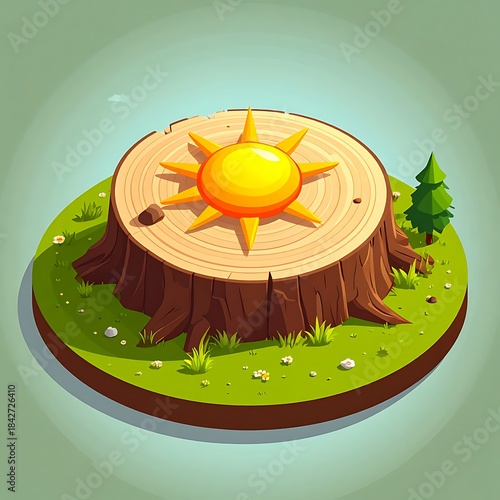 Isometric tree stump platform with sun icon, grass, and small tree on a light green circular gradient backdrop