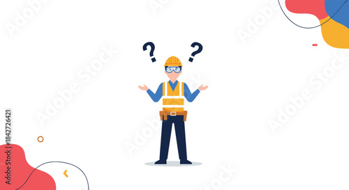 Confused construction worker wearing full safety gear shrugs with question marks overhead, indicating a problem or question.