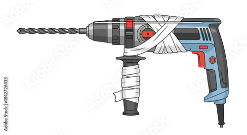 Broken power drill wrapped in white medical bandages representing the concept of equipment repair, maintenance, or breakdown.
