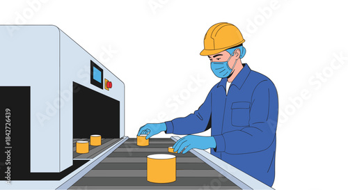 Factory worker wearing a hard hat, face mask, and gloves carefully inspects products moving along an automated conveyor belt.