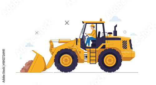 Construction worker operating a yellow front-end loader to move a scoop of dirt at a building or industrial work site.