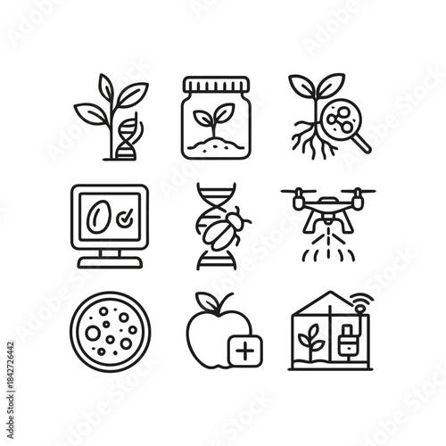 Modern agricultural innovation and biotechnological advancements in farming icon set
