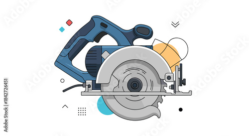 Modern flat line illustration of a powerful electric circular saw, a key tool for carpentry and construction projects at work.