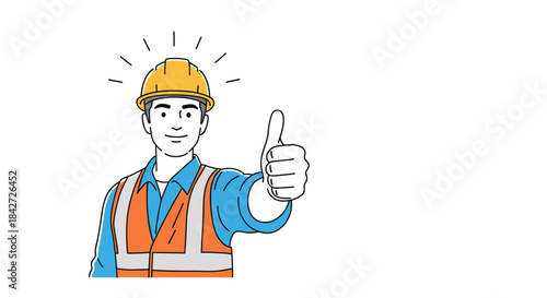 Happy construction worker in a safety vest and hard hat giving an enthusiastic thumbs-up for a job well done or approval.