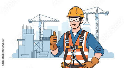 Confident construction worker wearing a full-body safety harness and PPE gives a thumbs-up at a high-rise building site.