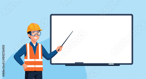 Male construction instructor wearing safety gear uses a pointer to present information on a large blank white board for training.