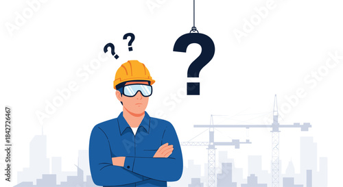 Thoughtful construction worker with arms crossed considers a major problem symbolized by a large question mark on a crane hook.