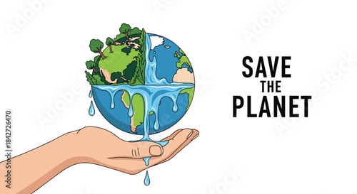 A hand holds the earth with water flowing from it, illustrating a powerful environmental message to save the planet from ruin.