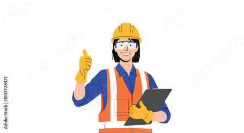 Smiling female safety inspector in full PPE holding a clipboard gives a thumbs-up to approve the successful project results.