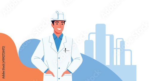 Professional male engineer in a white lab coat and hard hat smiling confidently in front of a modern industrial factory plant.
