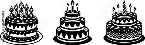 Set of Happy Birthday Cake Vector Three Candles Ribbon Banner Cute Festive Party Illustration for Cards, Invitations, T-shirt