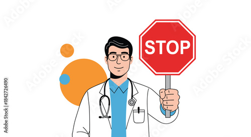 Friendly male doctor with a stethoscope holding up a red octagonal stop sign to signal a warning or medical prevention.