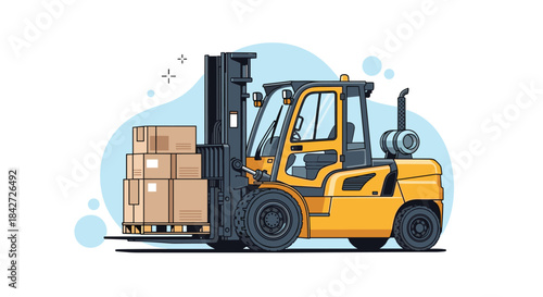 Yellow forklift truck lifting a wooden pallet stacked with cardboard boxes, illustrating warehouse logistics and material handling.