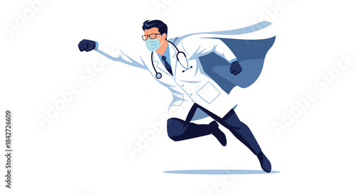 A heroic doctor wearing a cape and face mask flies like a superhero, representing the bravery of frontline medical workers.