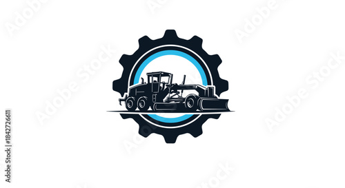 A powerful motor grader silhouette inside a mechanical gear, creating a strong logo for road construction and civil engineering.