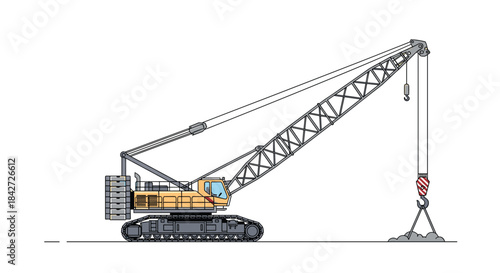 A detailed illustration of a large crawler crane with a heavy hook, a vital piece of machinery for heavy lifting on construction sites.
