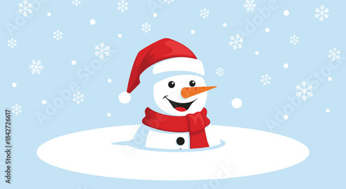 A cute and happy snowman wearing a red Santa hat and scarf stands in the snow as snowflakes fall gently around him.