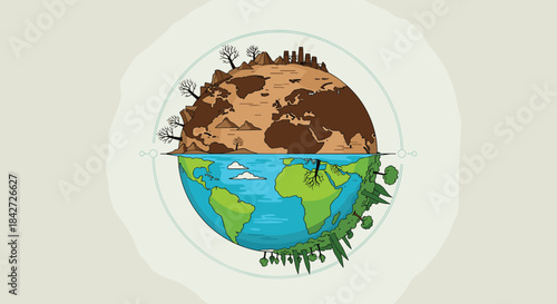 A conceptual illustration of planet Earth split into two halves, one polluted and barren, the other green and healthy, showing environmental choice.