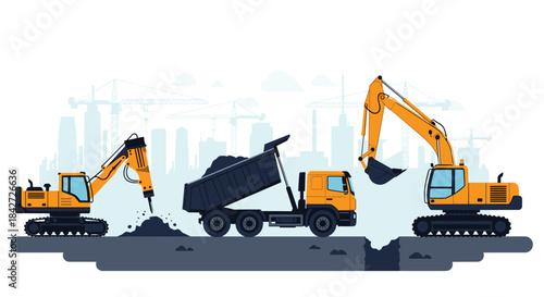A busy construction site with an excavator, a dump truck, and a hydraulic breaker working together on a city background.