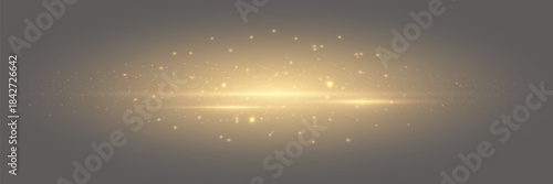 A horizontal golden light effect on a transparent background. A neon stripe with bright glowing lines and sparkling particles.